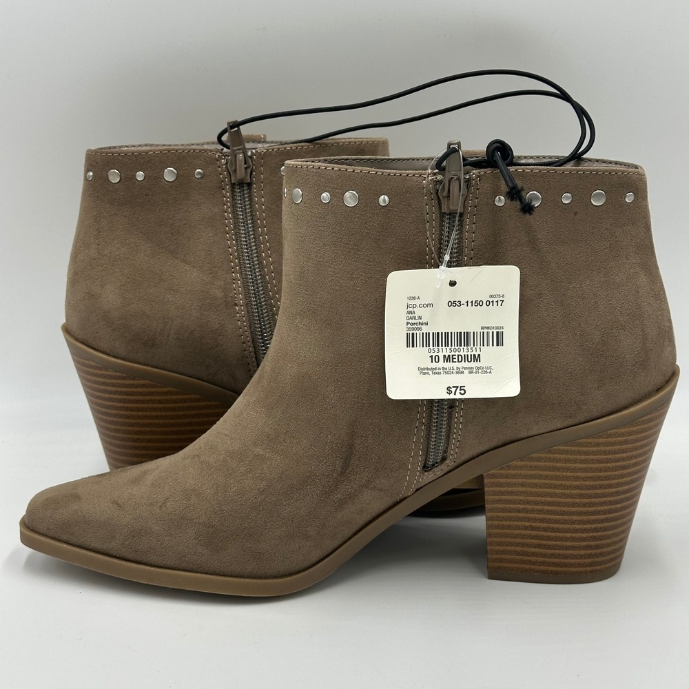 NWD a.n.a Darlin Ankle Booties Womens 10 Brown Faux Suede Studded Stacked Heel - Picture 5 of 12